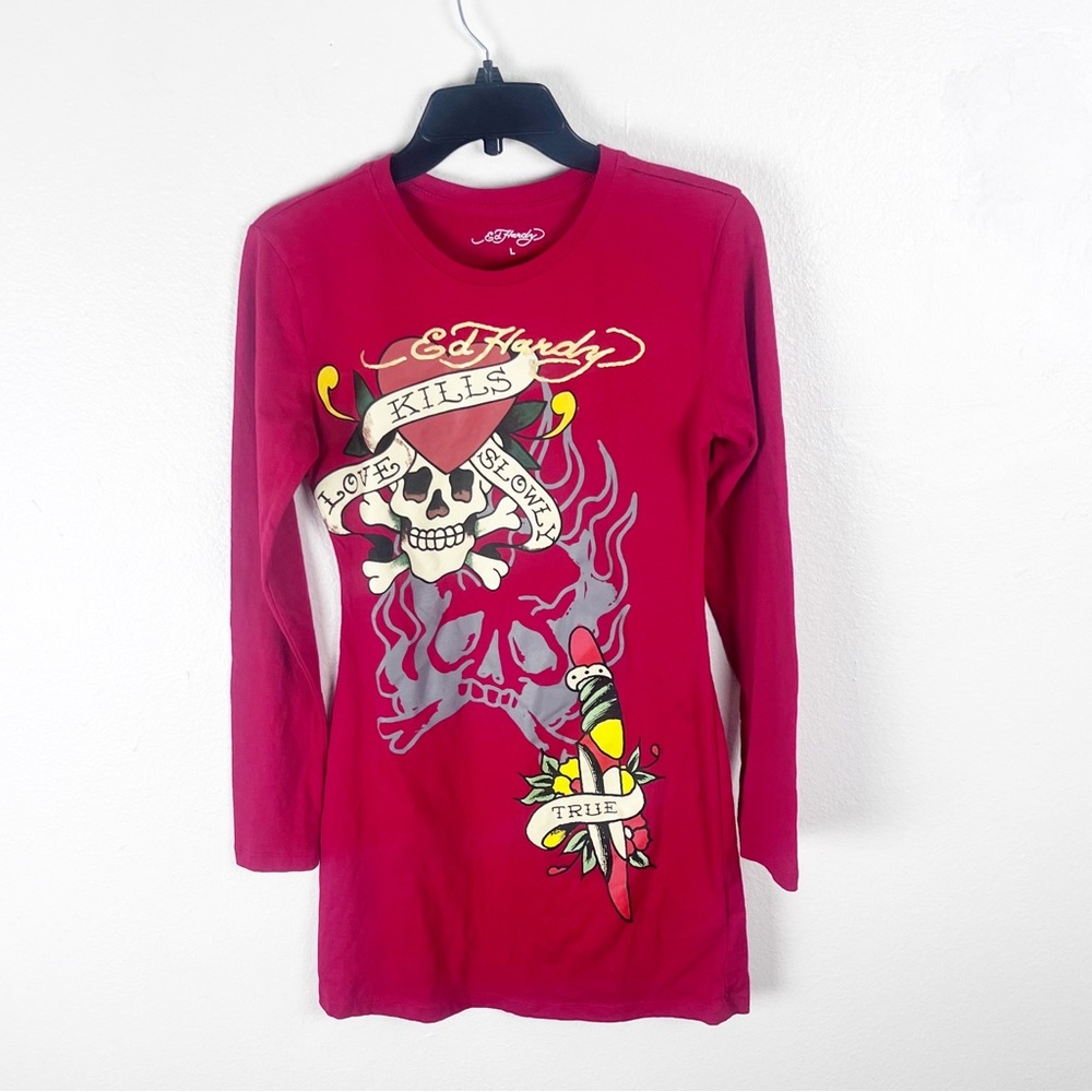 ED HARDY Love Kills Red Long Sleeves Graphic Mini Dress Large Grunge Rocker